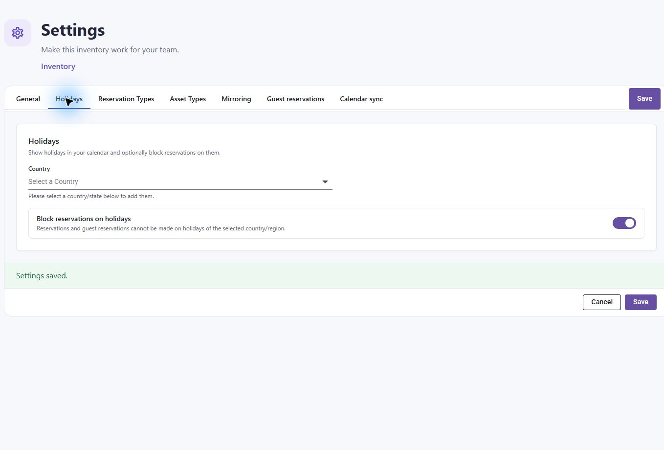 Holidays can be shown for a country and region and used to block reservations.