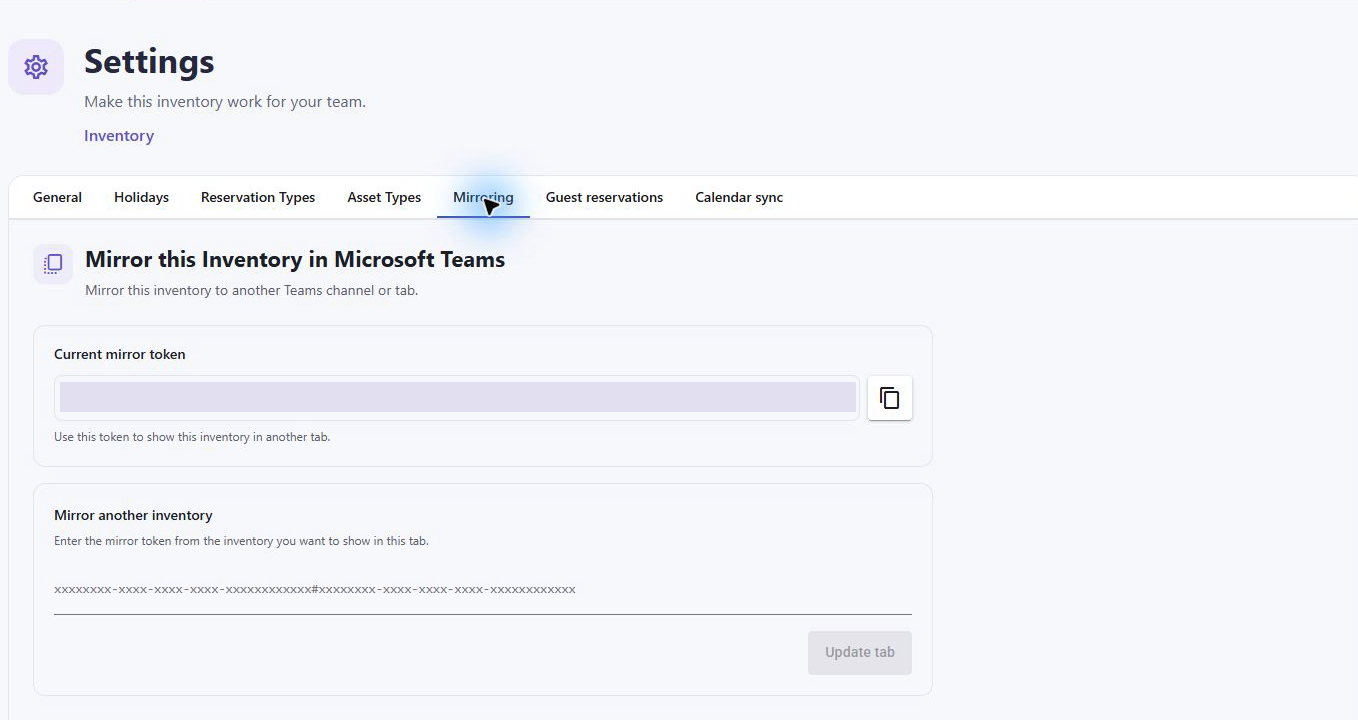 Mirroring uses the source inventory token. The live token is masked.