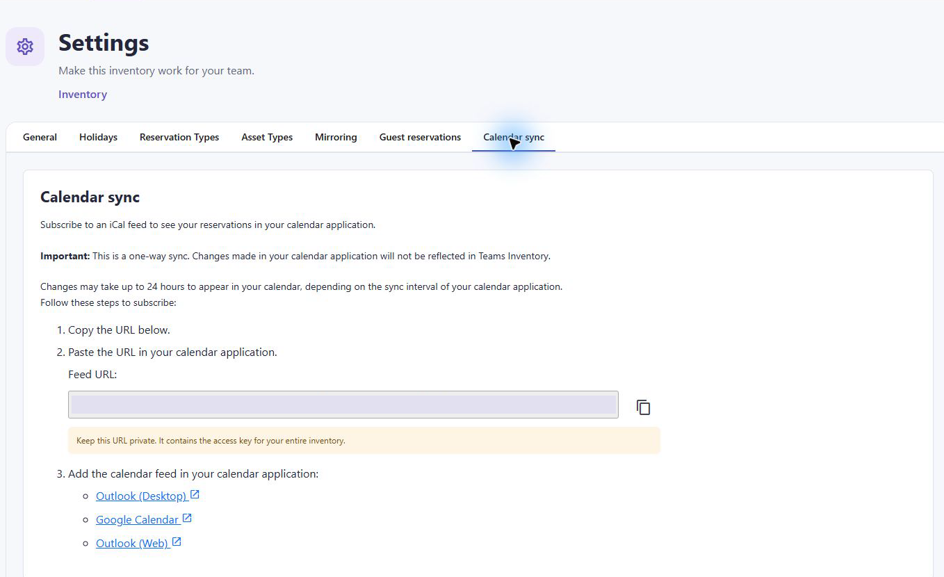 Calendar sync provides a one-way subscription URL. The live URL is masked.