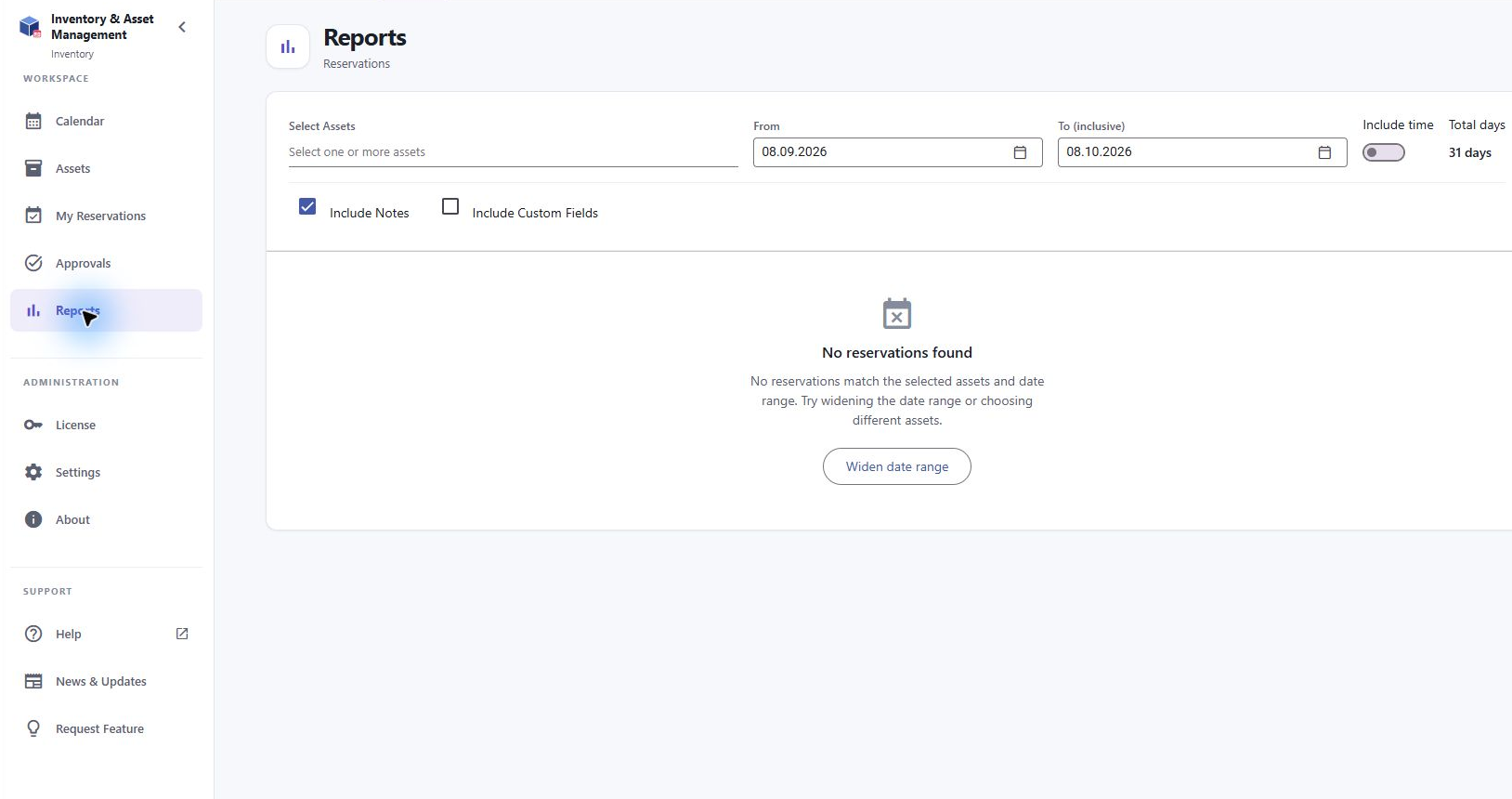 Reports let you choose assets, a date range and optional fields before exporting.