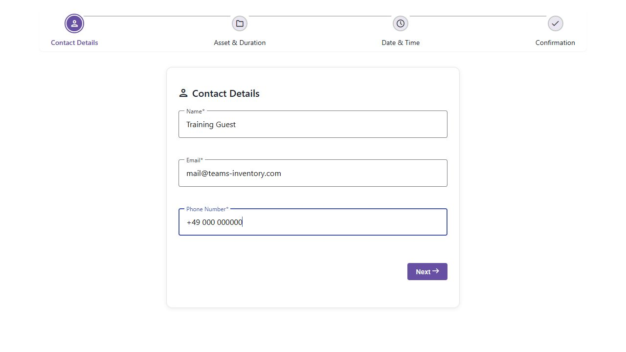 The guest contact step requires name, email and phone number. The phone number shown is demonstration data.