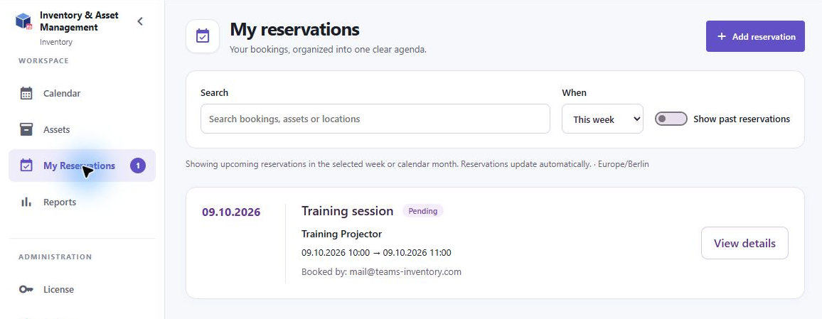Mail sees Pending in My Reservations while the request awaits approval.