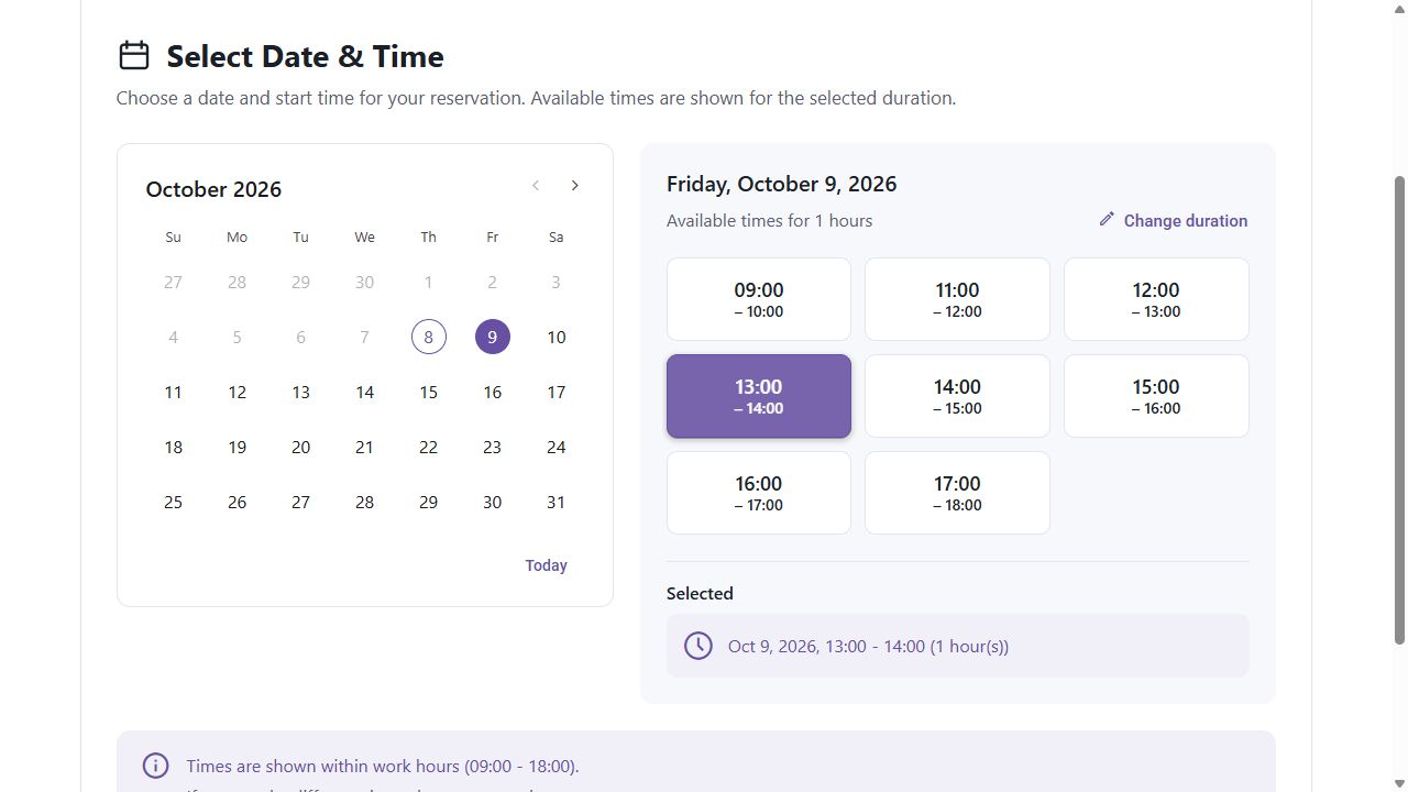 Guest availability excludes the existing 10:00–11:00 reservation and offers other one hour slots.